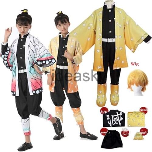 Japanese kids child boy Anime Demon Slayer Kimetsu no Yaiba Agatsuma Zenitsu Cosplay Costume Kimono Uniform Halloween Outfit Wig