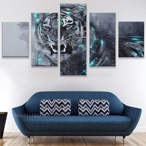 Bedroom Or Living Room Wall Decor 5 Pieces HD Printing Fierce Tiger Animals Pictures Canvas Modular Posters Framed Paintings Art