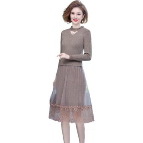 New Spring Autumn Womens Long Dresses Vintage Lady Trendy Knitted Sweaters Dress Hollow Out Lace Patchwork Female Clothing N896