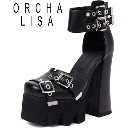 ORCHA LISA 2021 Summer Ladies Platforms 5.5cm High Thick Sole 15cm Spool Heel Ankle Belt Buckle Square Toe Punk Size 34-43 A4152