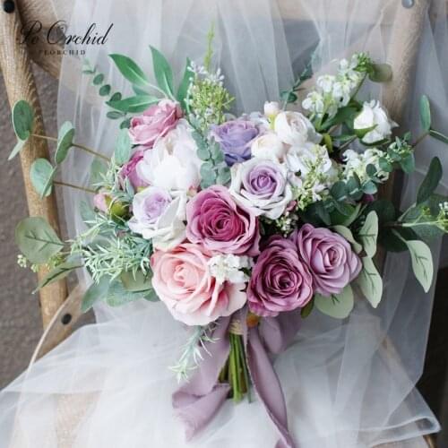 PEORCHID Rustic Pink&Purple Bridal Bouquet Artificial flowers Wedding Bridesmaid Hand flower Fake Roses Bouquet Decoration