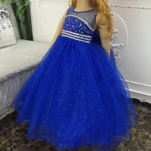 Flower Girl Dress Children New Rhinestone Lace Tulle Floor Length Ball Gown with Hoop Party Wedding Dress Kids Ball Gown Vestido
