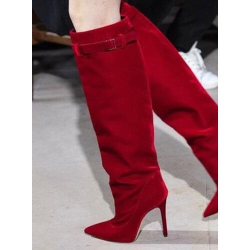 Sexy Red Velvet Knee High Boots Pointed Toe Buckle Strap High Heel Dress Shoes Stylish Stretch Tall Long Boots Big Size 44