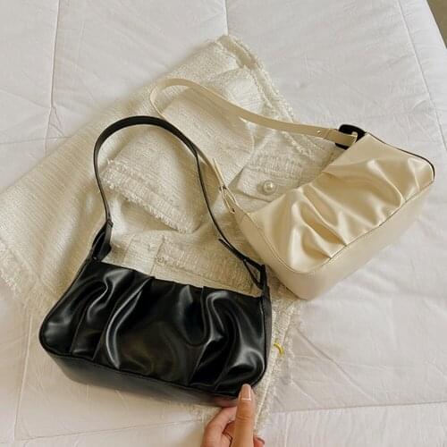 Simple Pure Color PU Leather Women Fashion Underarm Shoulder Bags Solid Color Pleated Ladies Casual Small Shoulder Handbags