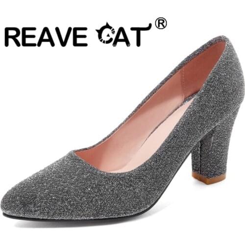 REAVE CAT 2021 Spring New Party Bling Pumps Pointed Toe Glitter Slip On 7cm High Thick Heel Shoes Big Size 31-47 Gold Silver Red