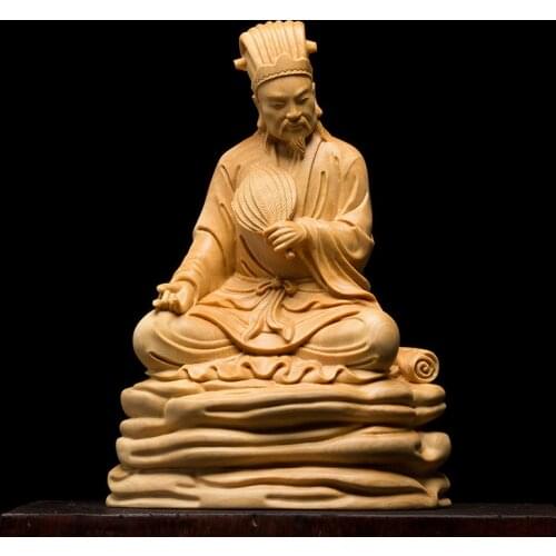 Boxwood 12CM Zhuge Liang Sculpture The Three Kingdoms Kong Ming Historical Wood Carving Figure Statue Home Decor