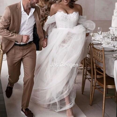 Wedding Dresses Ballgown Formal Evening Dress Lace Appliques Off Shoulder with Sleeves Pleat Tulle for Bridal Prom Gowns 2020