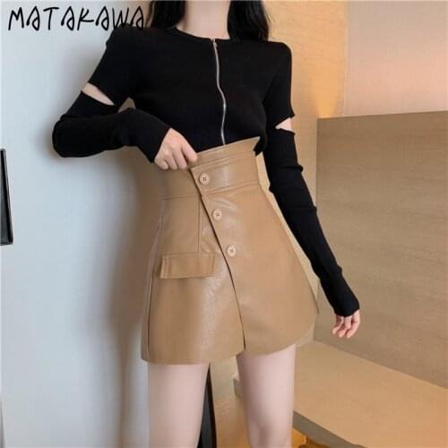Matakawa Skirt Autumn Winter Design Oblique-breasted Irregular PU High Waist Skirts Fashion Office Lady Elegant Mini Jupes