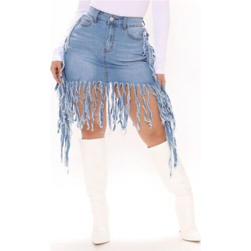 Sexy Tassel Stretch Cotton Jeans Skirt for Women Summer Denim Elastic High Waist Denim Skirts Womens Knee Length 2021 Streetwear