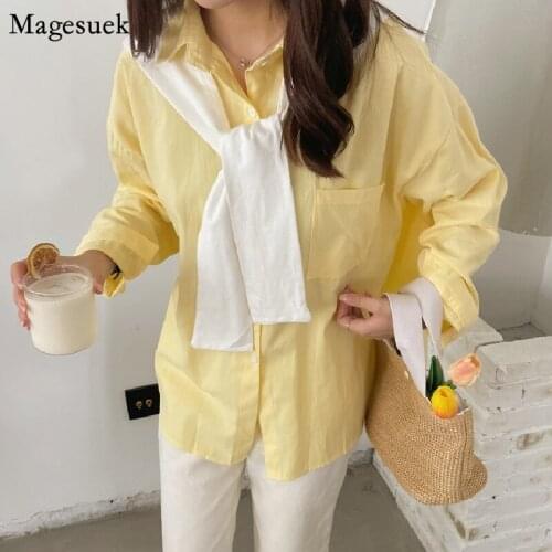 Autumn Casual Cotton Women Blouse With Shawl Long Sleeve Vintage White Shirts Female Solid Loose Tops Women Clothing 2021 16741