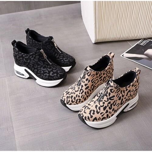 Women Sneakers Leopard Height Increasing Woman Vulcanized Shoes Thick Bottom Zipper Females Wedges Ladies Casual Shoes 2021 New
