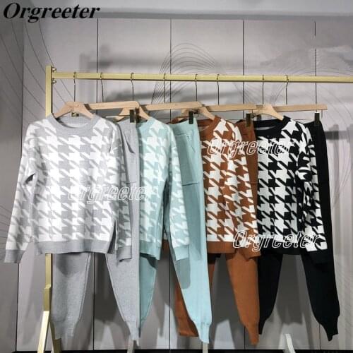 Houndstooth Knit Trouser Suits Womens Tracksuit Korean Fashion O-neck Woman Pullovers +Harem Pants Two piece Sets Winter Outfits