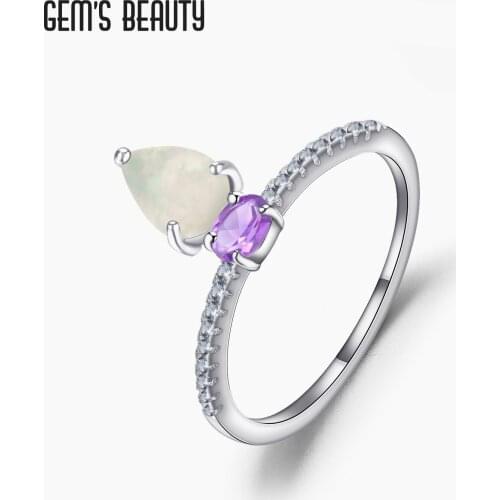 GEMS BEAUTY 925 Sterling Silver Ring For Women Water Drop African Opal Natural Amethyst CZ - White Circle Handmade Rings