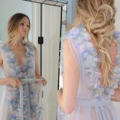 Sky Blue Sexy See Thru Women Dress Deep V-Neck Colourful Petal Nightgown Tulle A-line Dresses Colour Custom Made