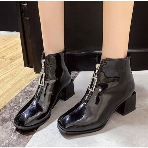 Winter Women Boots Black Patent Leather Block Heels Ankle Boots Woman Shoes Ladies Warm Plush Zipper