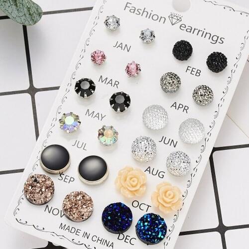 12 pairs/set Crystal Fashion Earrings Set Women Jewelry Accessories Piercing Ball Stud Earring kit Bijouteria brincos