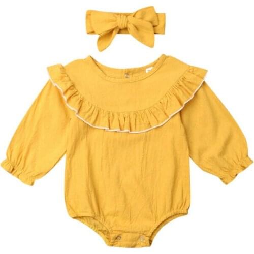 2019 Autumn Newborn Kids Baby Girl Clothes Long Sleeve Solid Bodysuits Headband 2pcs Outfits Set