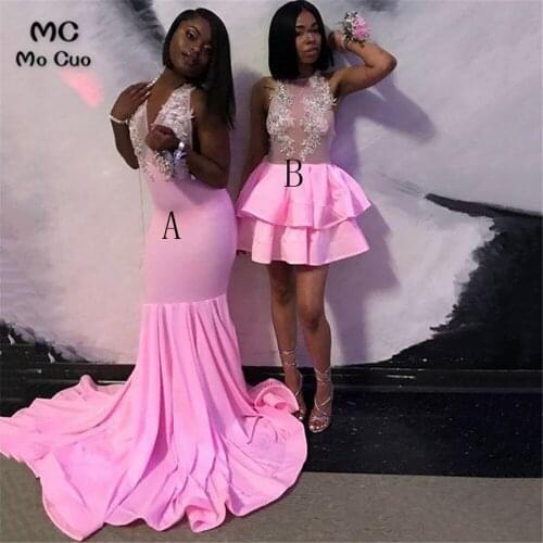 African Pink Prom Dresses For Black Girls Lace Appliques Sexy Sleeveless V Neck Mermaid Evening Party Gowns 2020