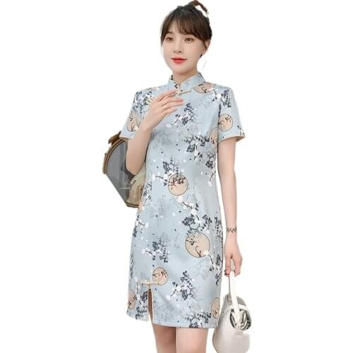 Bebovizi M-3XL 2021 New Vintage Summer Fashion Slim Modern Cheongsam Dress Women Short Sleeve Qipao Traditional Chinese Clothes