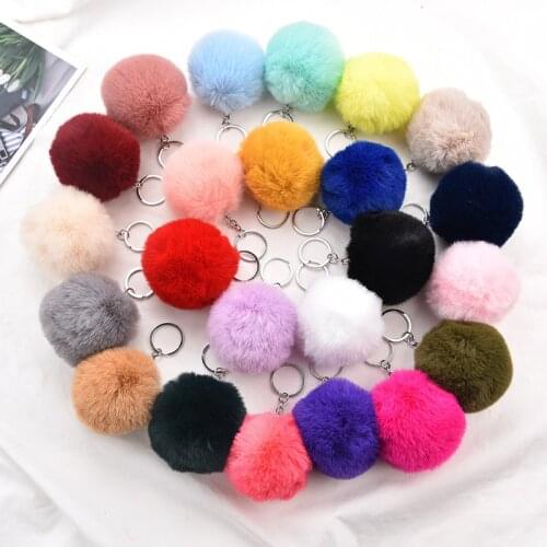 6cm/8cm Fake Fur Brand Bag Keychain Pom Pom Car Keyring Silver Color Chains Pompons Fake Fox Rabbit Fur Charms Chain