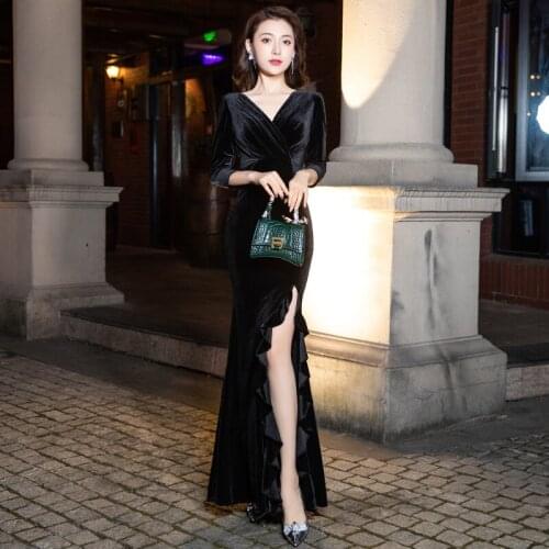 Black V-Neck Evening Dress Ruched Floor-Length Mermaid Backless Three Quarter Sleeves New Plus size Women Formal Party Gown C870