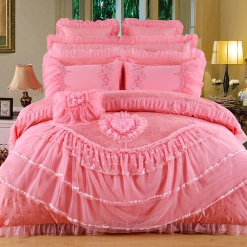 2018 Silk Cotton Satin Jacquard Love Song Luxury Wedding Bedding Set Applique Lace Duvet Cover Set Bedspread Queen King 4/6/8/10