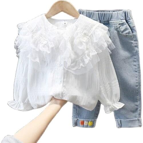 Korean Spring Kids Girls Clothes Suit Children Long Sleeve Lace Ruffles Blouse + Jeans 2pcs Baby Girl Autumn Sweet Clothing Set