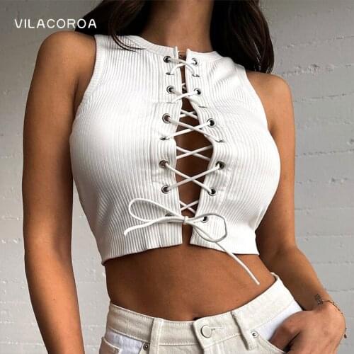 Cross Bandage Women Tank Top White Short Sports Knit Crop Top Sexy Backless Hollow Vest Round Neck Sleeveless Female Clothes