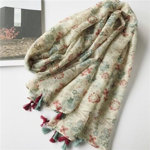 2017 New Women Flower Pattern Tassel Scarf Cotton Voile Floral Shawls Wraps Hijabs Muffler 10pcs/Lot