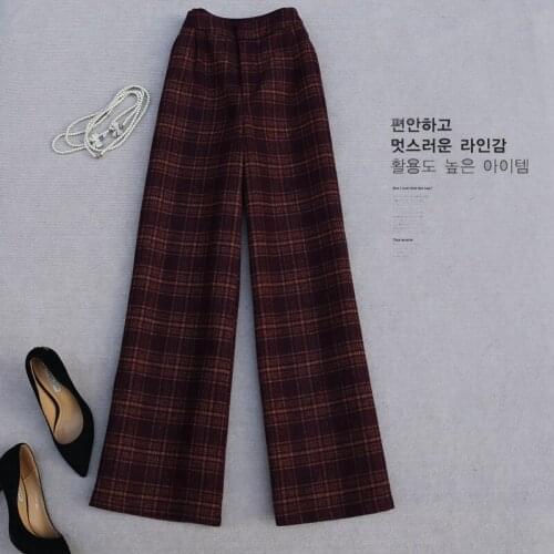 New Style Autumn Winter Office Lady Wide Leg Woolen Trousers Classic High Waist Plaids Casual Pants