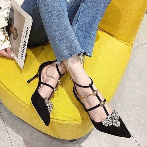 One word with high heels womens summer stiletto 2021 new rhinestone toe sandals Heel height 9CM