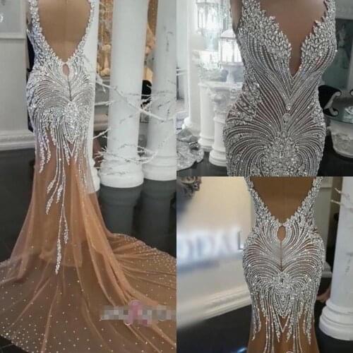 Luxurious African Crystal Prom Dresses 2020 Mermaid Black Girls Evening Formal Gowns Illusion Neck Champagne robe de Soriee