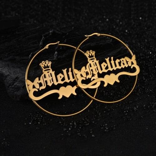 Acheerup Personalized Names Cricle Hoop Earrings Customized Letters Crown Heart Big Earrings Stainless Steel Jewelry Women Gift