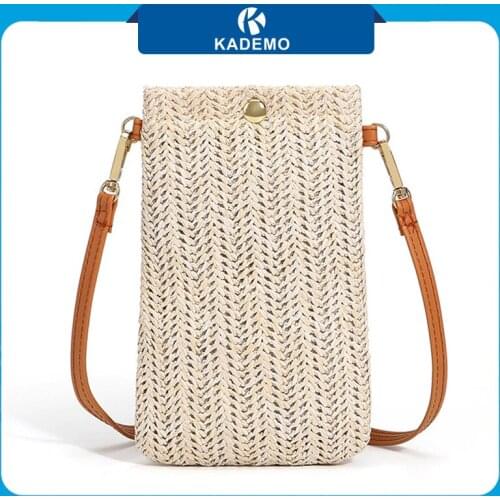 KADEMO Straw Woven Shoulder Bag Women Mobile Phone Purse Bohemian Summer Beach Small Straw Crossbody Bag for Women Dropshipping