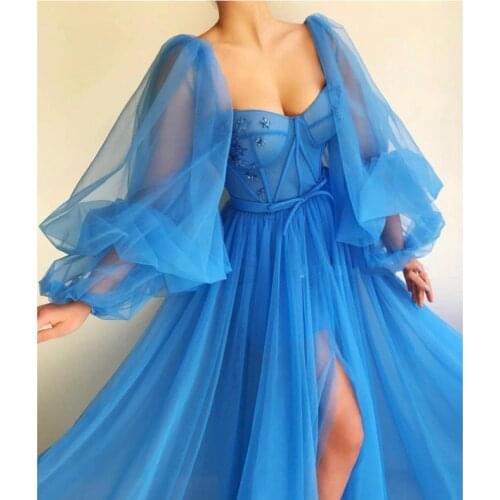 Light Blue and Pink Evening Dresses Spaghetti Strap Handmade Flowers A-Line Arabic Prom Gown Beaded Party Dress for Graduation