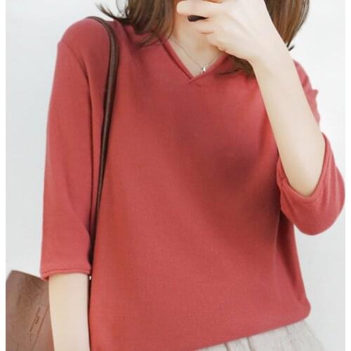 Smpevrg 100%Cotton Knitted Sweater Women Sweater And Pullover V-Neck Half Sleeve Casual Female Pullover Women Knitted Pull Femme