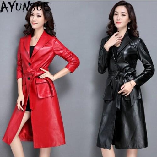 New Womens Genuine Leather Trench Female Spring And Autumn Long Sheepskin Windbreaker Female Coat Dust Coat Leather Jacket KJ
