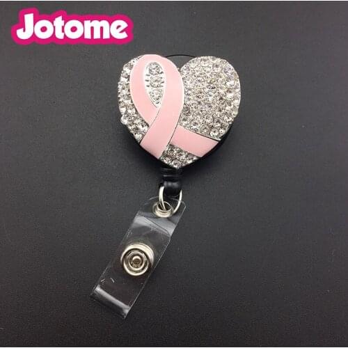 10pcs/lot Nurse Retractable Breast Cancer Awareness Medical Silver Rhinestone Pink Ribbon Heart Badge Reel/ID Badge Holder