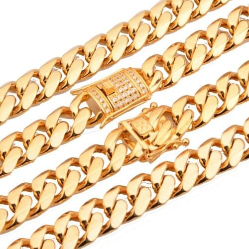 Beichong Stainless Steel Jewelry Gold Filled Plated High Polished Miami Cuban Link Necklace Men Punk Curb Chain 24"/28"/30"