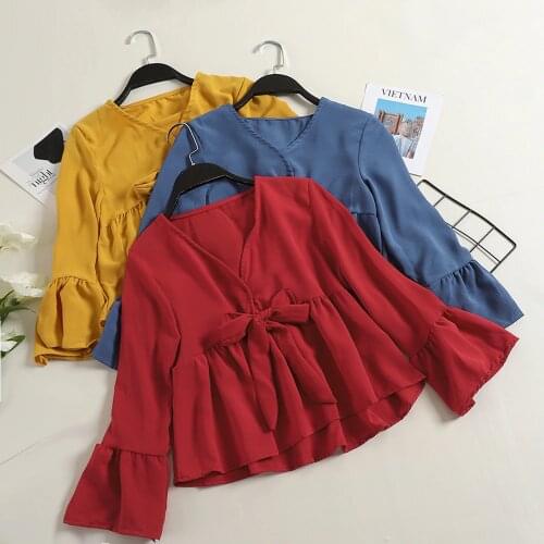 2020 Women Spring Autumn V-neck Flare Sleeve Lace Up Bandage Strap Bow Shirt Casual Lady Short Slim Chiffon Pullover Blouse Tops