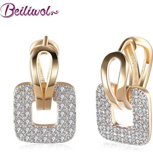 Huggie Earrings for Women Crystal Zircon Square Clip Champagne Gold Color Classic Fine Jewelry Unique Design Lady Gift My Order