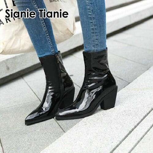 Sianie Tianie patent PU leather 2020 winter woman shoes pointed toe martin boots chunky high heels women ankle boots size 45 46