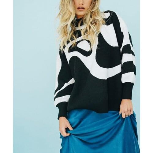 Womans Turtleneck Oversized Sweater Warm Black Knitted Loose Vintage Winter Autumn Pullover Stripes Print Sweaters for Women