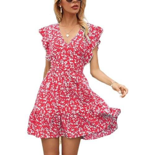 Ladies Boho Floral Print Casual Dress Summer Ruffles Sleeve V-neck High Waist Dresses For Women 2021 Fashion Beach Mini Dress