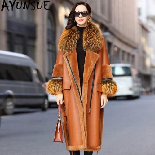 AYUNSUE Double Faced Real Fur Coat Female Genuine Leather Jacket Winter Coat Women Raccoon Dog Fur Collar Luxury Wool Coats