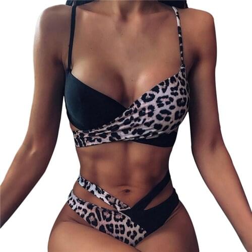 Women Sexy Bikini Leopard Print Swimsuit Stitching Two-color Bikini Nylon Fabric Fast Dry Sunbathing Wear Fashion Two PCS Set