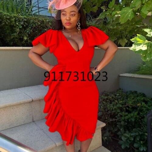 African Plus Size Womens V-Neck Stitching Irregular High Waist Temperament Commuter Dress