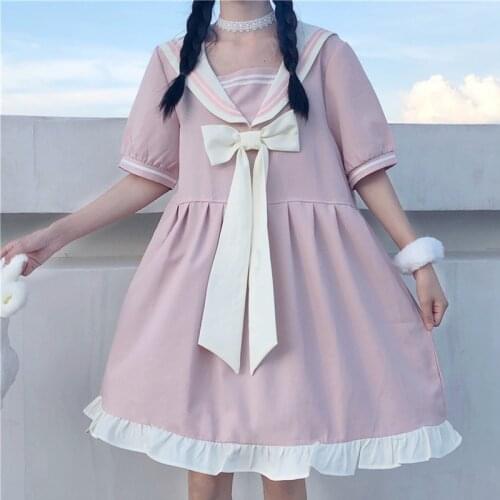 Japanesee College Sailor Collar Bow Stitching Short-Sleeved Loose Slim Pleated Ruffled Dress Female japanese school uniform