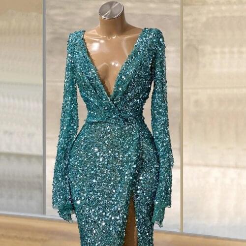 Blue Glitter Mermaid Evening Dresses 2021 Women Long Sleeves Sexy Deep V Neck Sequins Side Split Prom Party Gown robes de soirée