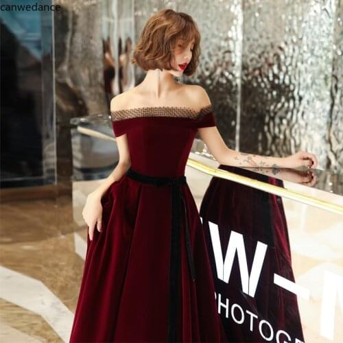2020 Fashion New Simple Vintage Burgundy Evening Dress Boat Neck Flooe-length Velour Long Prom Formal Gown Vestido De Noche